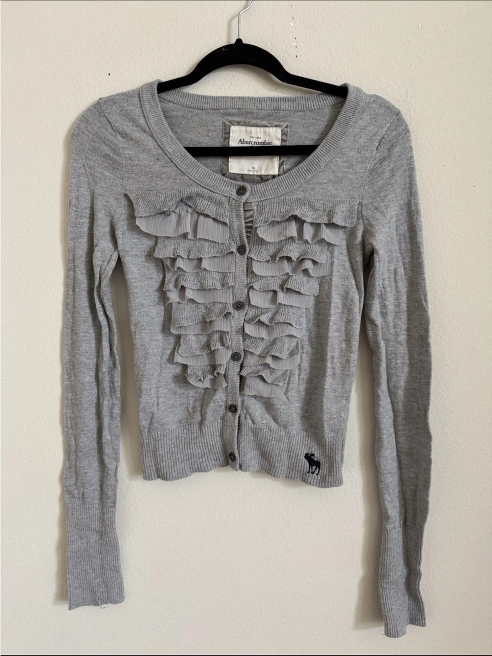Vintage Y2K Abercrombie & Fitch Gray Ruffle Preppy Cardigan Size M